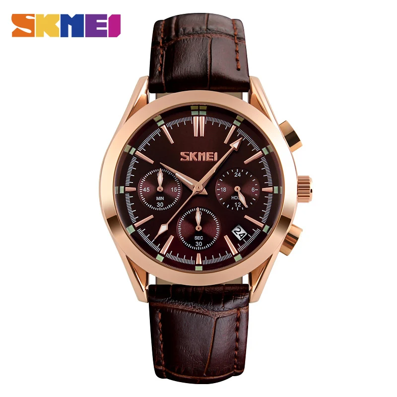 

SKMEI 9127 Men Quartz Wristwatches Fashion Casual Watch Leather Strap Complete Calendar Man Watches Auto Date Luxury Male Clock