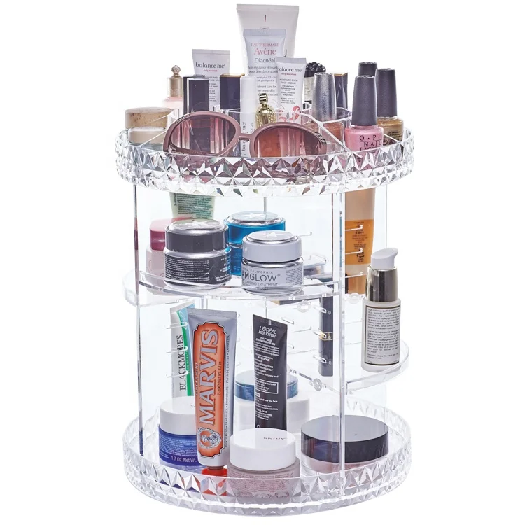 

Top 360 Degree Vanity Divisoria Spinning Rotating Clear Plastic Acrylic Cosmetic Make Up Makeup Organizer For Desk, Clear/white