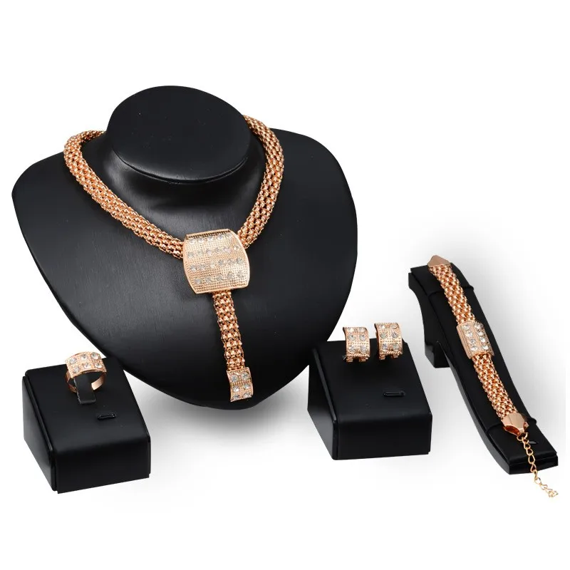Retro Chain Style Fashion Gift Wedding Bridal Accessories Women 4Pcs Fashion Gold Earrings Necklace Ring Bracelet Jewelry Set