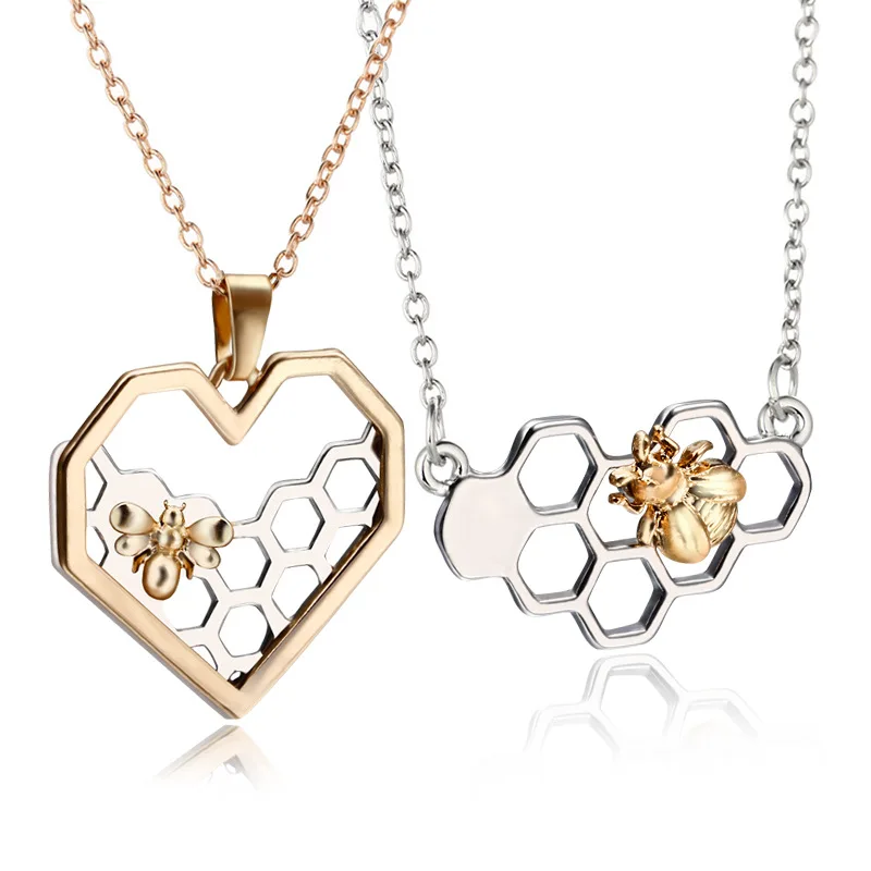 

Heart shape honeycomb bee animal pendant choker necklace