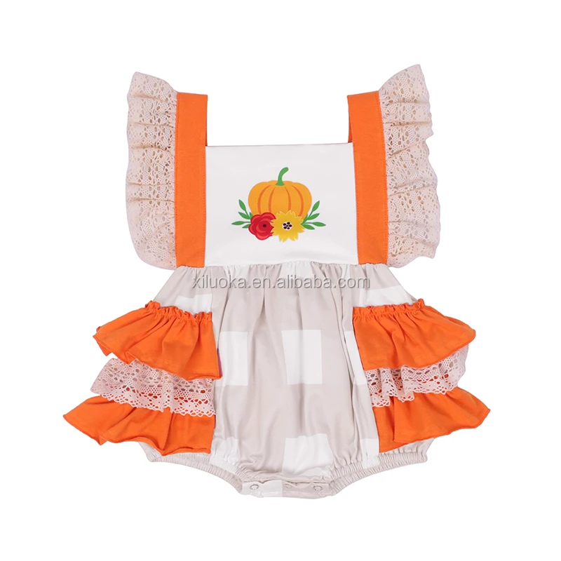 

Factory Direct Design Baby Clothes Romper Pumpkin embroidery Set Sleeveless Lace Ruffle 2021 Bubble Romper, Picture