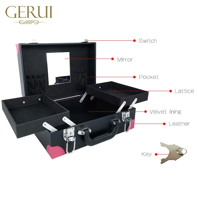 
OEM logo leather luxury make up train case cosmetic storage box mirrored make up box 