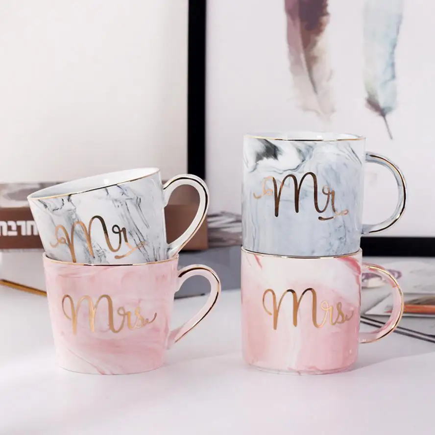 

WKTM08-010 marble style Mr Mrs golden edge printing coffee cup mug, Marble coffee mug cup from china
