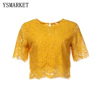 

Sexy Sheer Lace Crop Top Women Lace Tops High Neck Half Sleeve Ladies Blouse Mesh Shirt