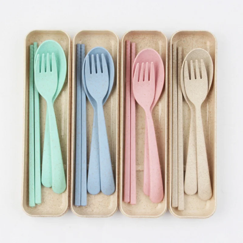 

Outdoor picnic portable flatware set wheat straw flatware with case Food grade wheat kids plastic set cutlery eco-friendly, As picture