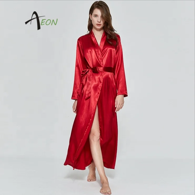 

Black and Red Bridal Long Robe Silk Long Satin Robe