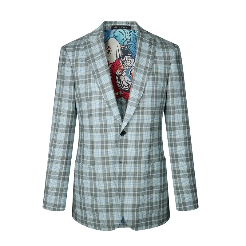 

England classic plaid spring style long slim mtm man suit hot sale, Blue
