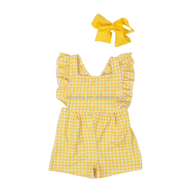 

Newborn Milk Silk Cotton Yellow Girls Romper Short Sleeve Button Baby Bodysuit, Picture