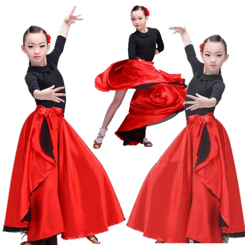 

Red Black Satin Solid Spanish Flamenco Skirt 360-720 Degree Girls Belly Dance Gypsy Skirt
