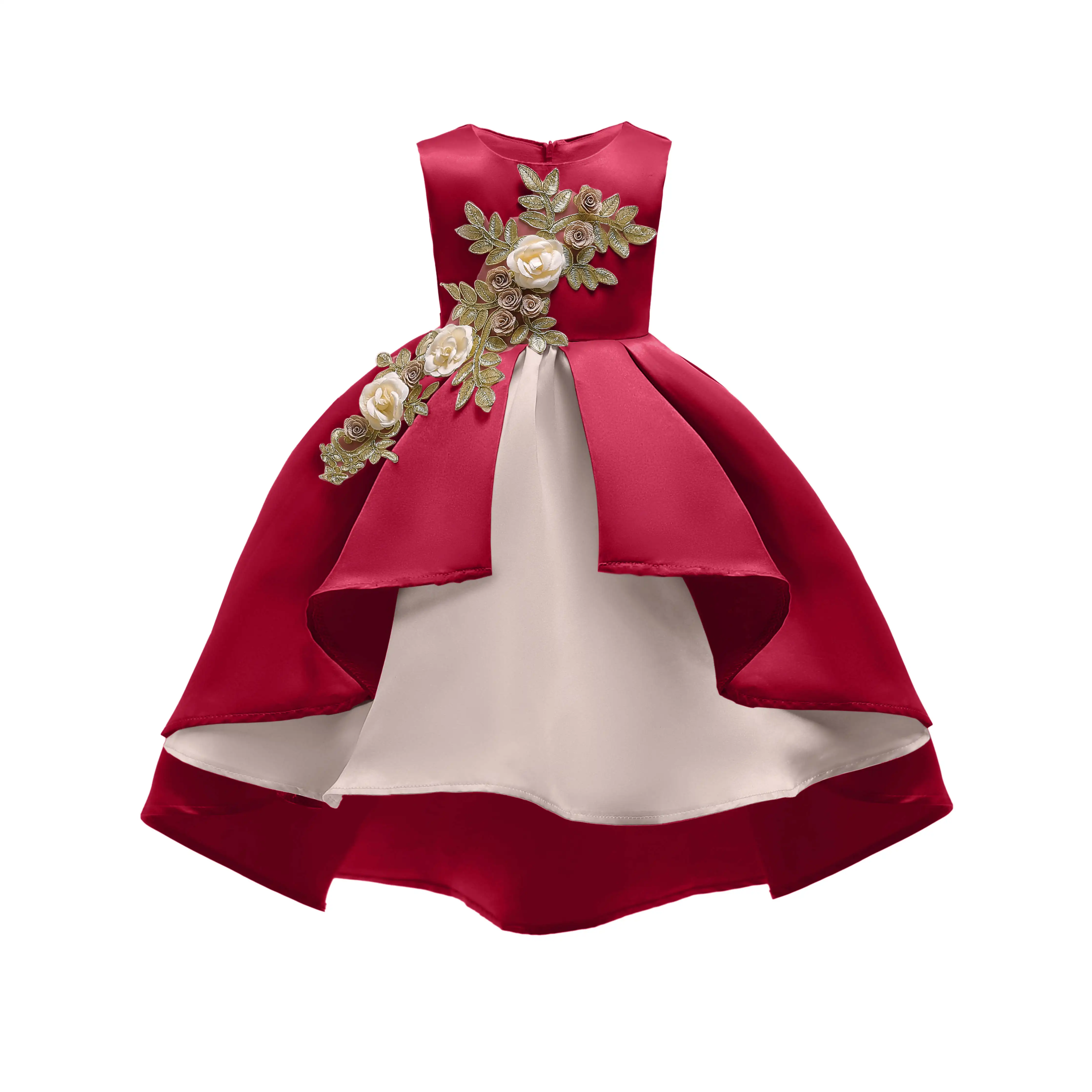 

The Newest 2019 Children's Patchwork Roll Neck Appliques Lace Up Evening wedding girls' dress, Pink