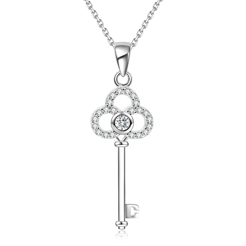 

DC22 Classic Design Key Shaped brilliant Pendant Necklace with rhodium plated CZ Diamond in 925 Sterling Silver