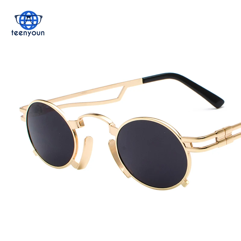 

2018 new small oval steampunk sunglasses men round metal frame gold black red mens sun glasses for women unisex uv400, Picture