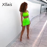 

8011 Neon green two piece set for women 2019 Summer sleeveless tank tops and skirts matching sets birthday outfits for women