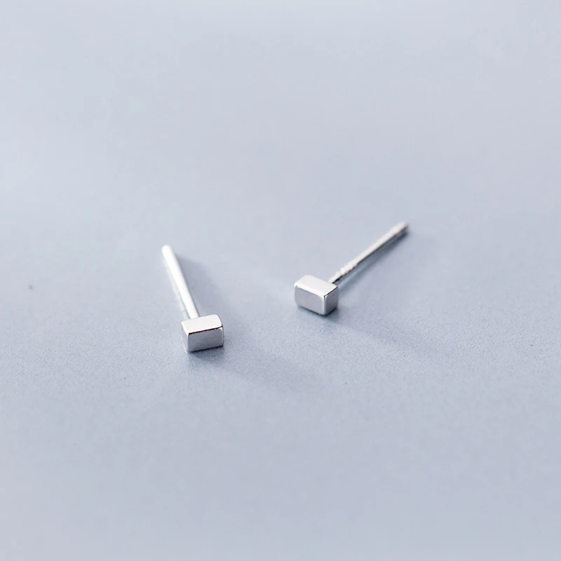 

100% Real S925 Sterling Silver Long Square Mini Stud Earrings For Women Men Jewelry