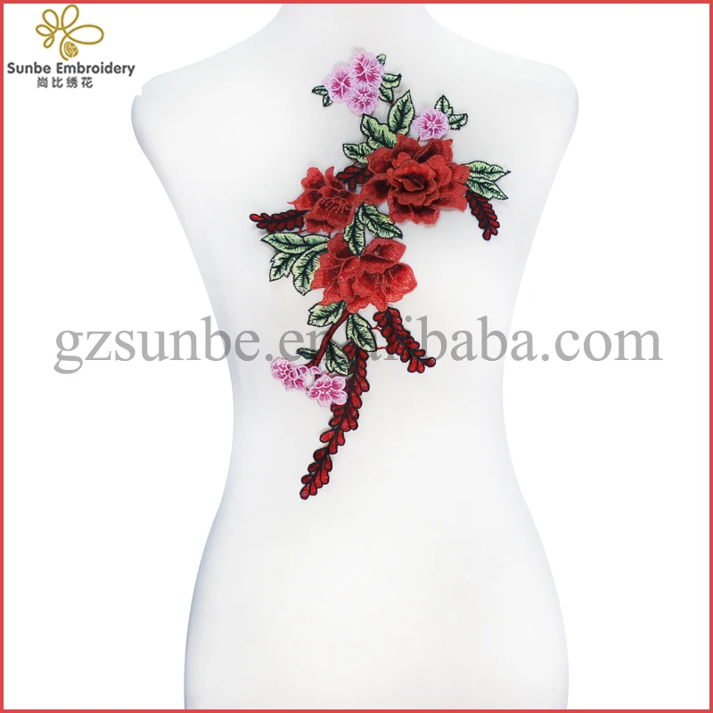 

3D Flower Embroidery Lace Applique Lace Fabric Patches Embossed Craft Sewing Accessories can be customized, Orange red