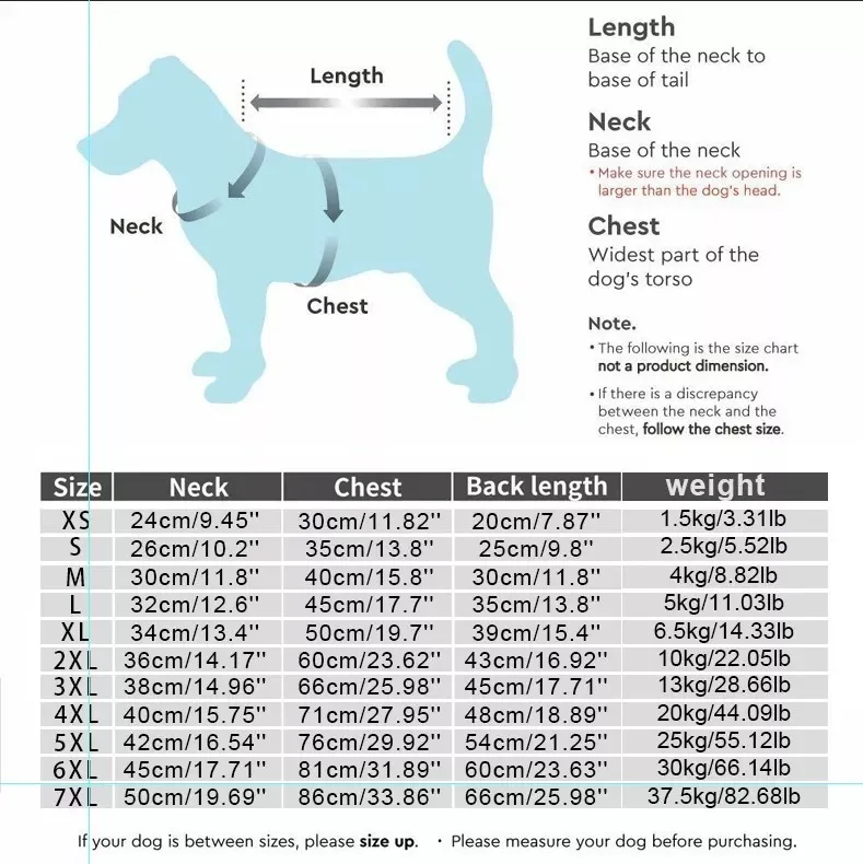 Dog Vest Size Chart