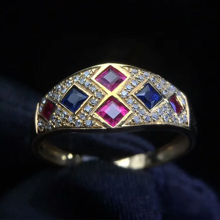 

wholesale 2018 new design 18k yellow gold natural gemstone ruby sapphire ring women gold jewelry, Blue and red