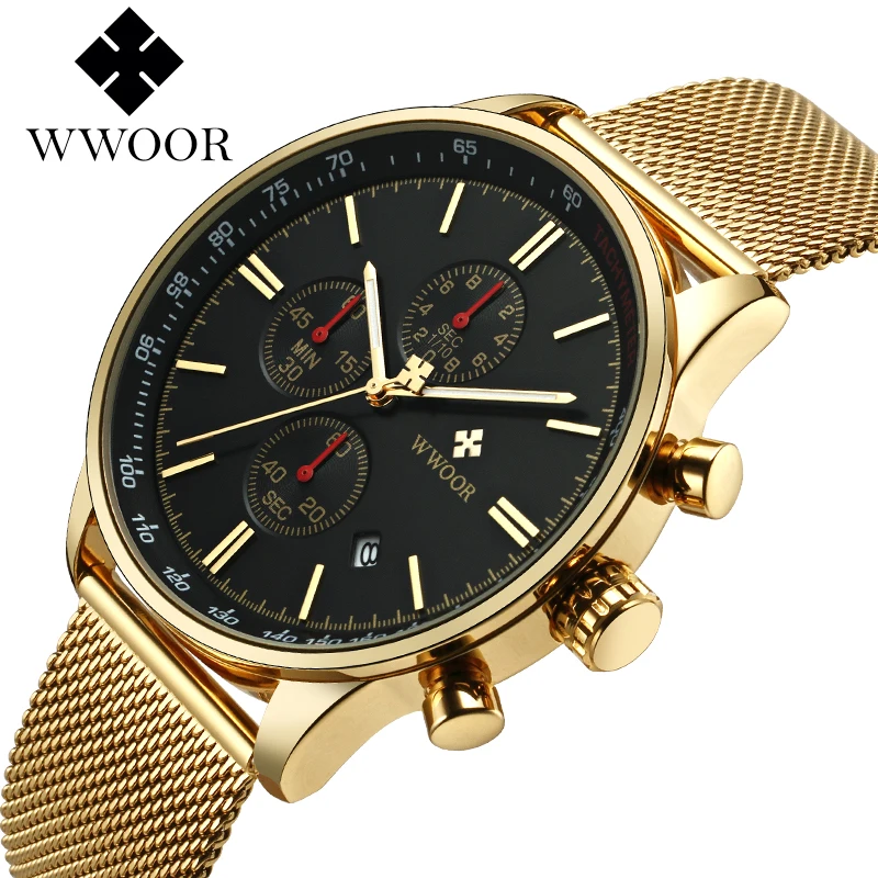 

WWOOR New 8862 Black Gold Watches Men Luxury Chronograph Sports Watch Waterproof Mesh Belt Quartz Men's Watch Relogio Masculino