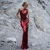Elegant red one shoulder sleeveless maxi sequins bodycon dress floor length