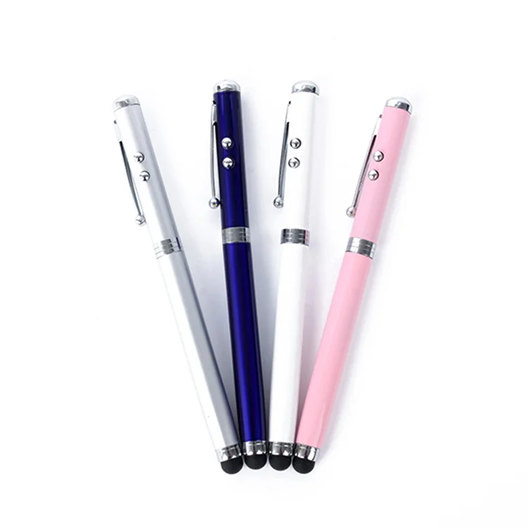 Promotional 4 in 1 small stylus touch pen with LED torch light laser point screen touch roller pen