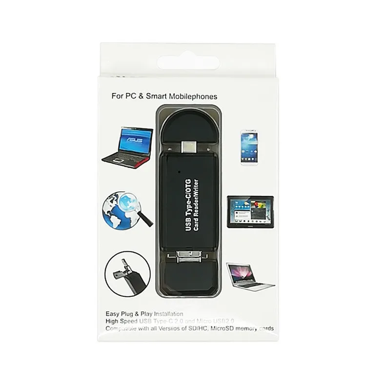 TF / SD Card Reader, 3 dalam 1 Jenis C / Micro USB / USB 2.0 penyesuai OTG untuk PC, Laptop, Tablet, Telefon Mudah Alih Black