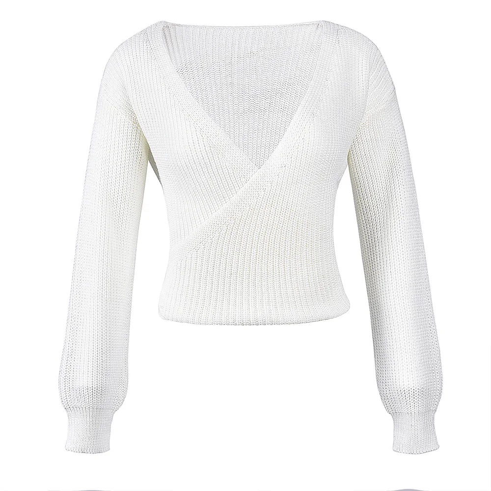 

Wholesale Deep V Neck Long sleeve Women's Crop Top Sweater, White