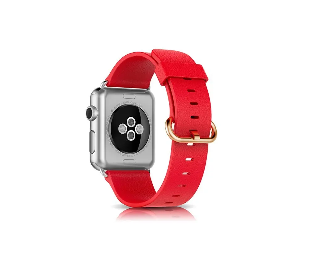 Apple Watch Band, ER CHEN 42mm Genuine Leather Strap Wrist Band Replacement + Metal Clasp Adapter for Apple Watch All Models 42mm ( Red)