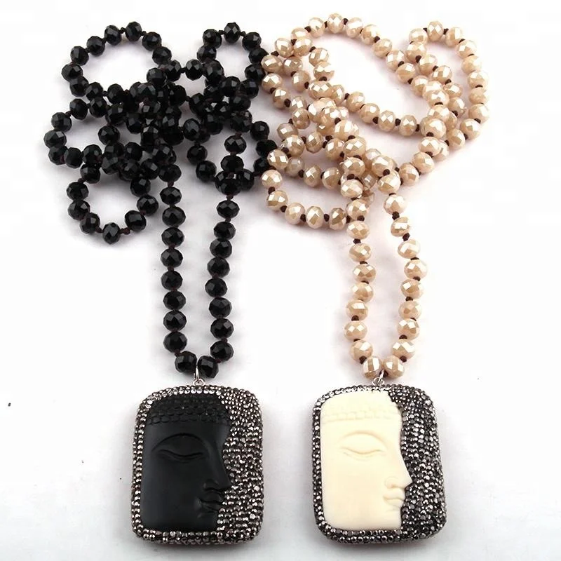 

Fashion Women necklace Black Beige Crystal Glass Beads Knotted Necklace Religious Half Buddha Face Pendant Necklace