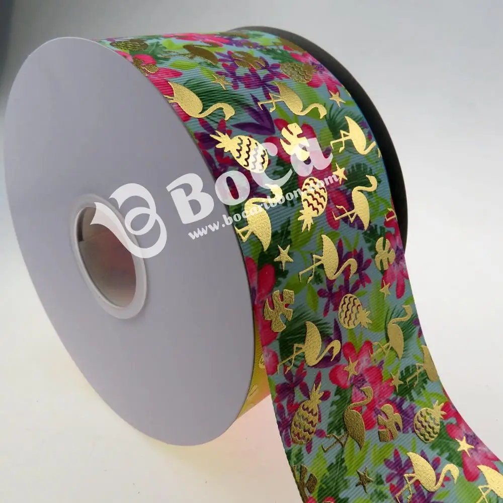 

DHL shipping free new design 3 inch  gold foil flamingo and pineapple printed grosgrain with heat transfer ribbon