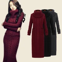 

Fashion high round neck elegant sweater dress with pocket for ladies