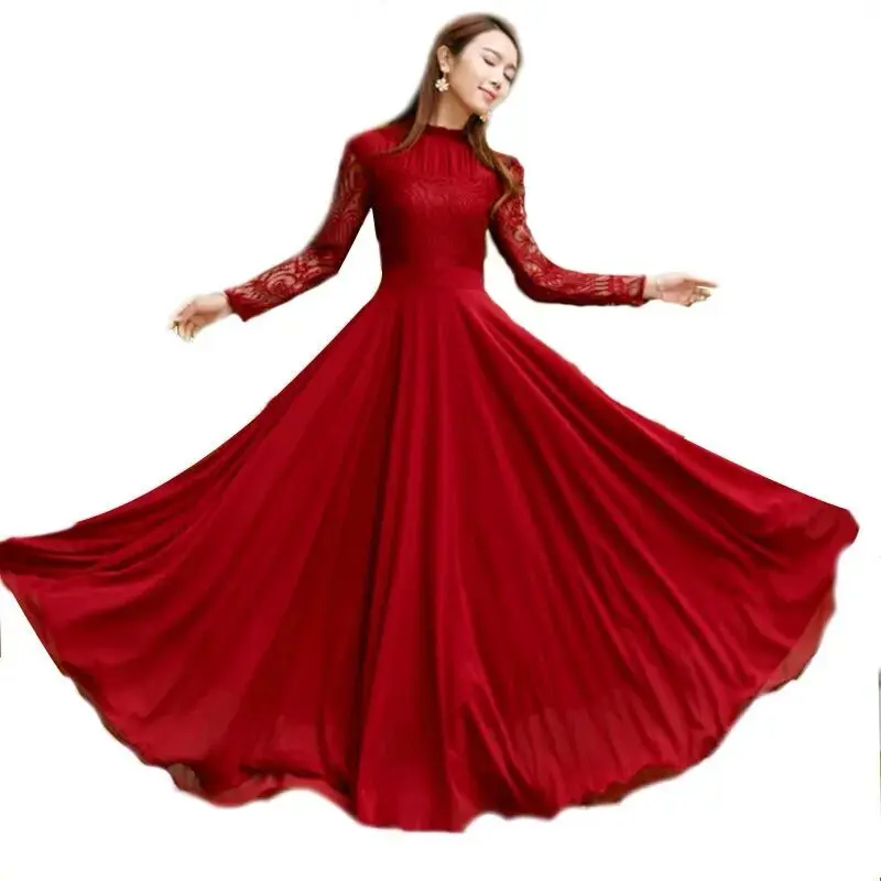 Fall Women Lace Cotton Splice Long Sleeve Maxi Swing Dress Elegant Slim Big Pendulum Red Long Party Dress for Autumn