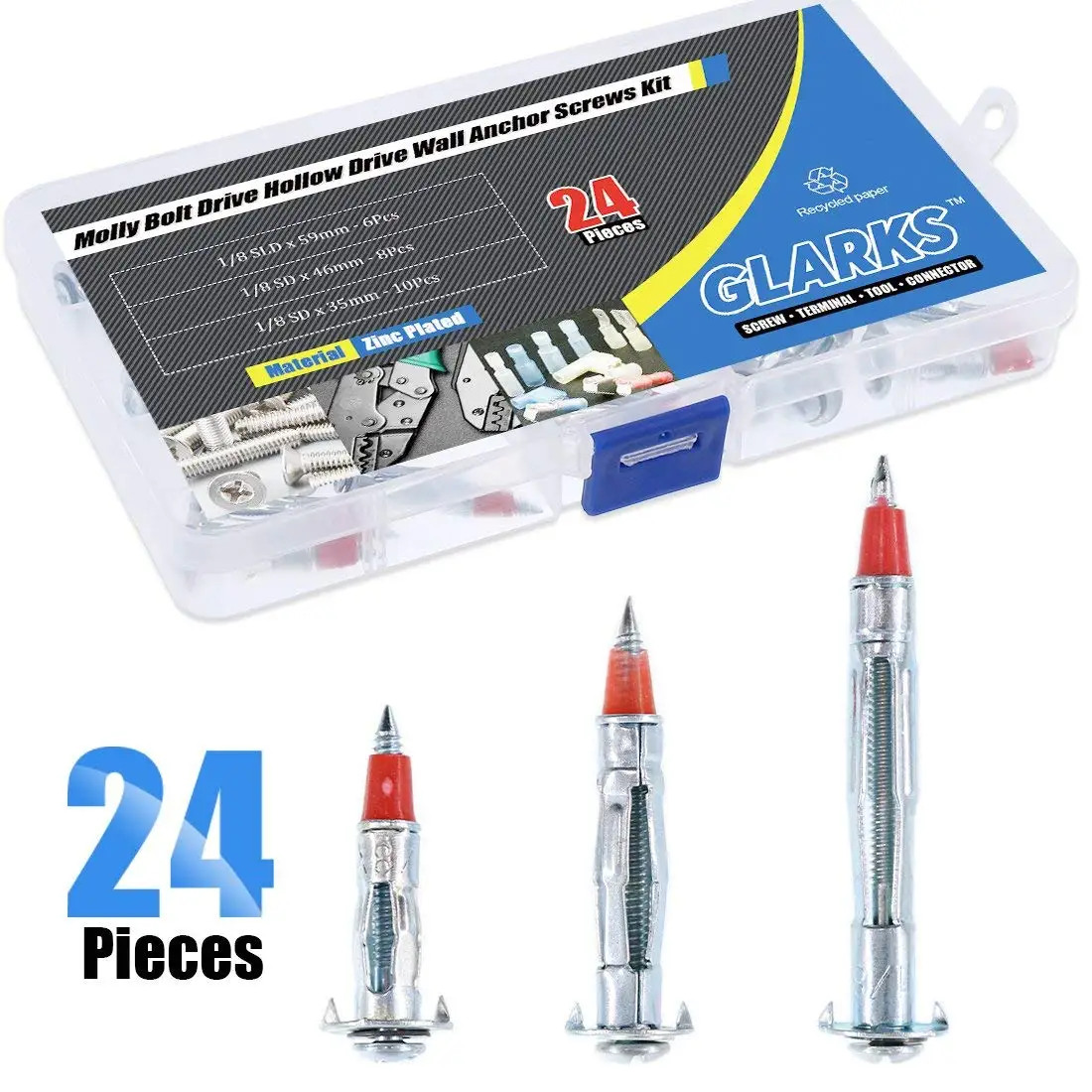 Swpeet 24Pcs Assorted Sizes Molly Bolt Drive Fasteners Walk Anchor Kit 35mm 46mm 59mm Zinc Plated Steel Hollow Drive Wall Anchor w//Screws Perfect for Hanging Walls or Ceilings