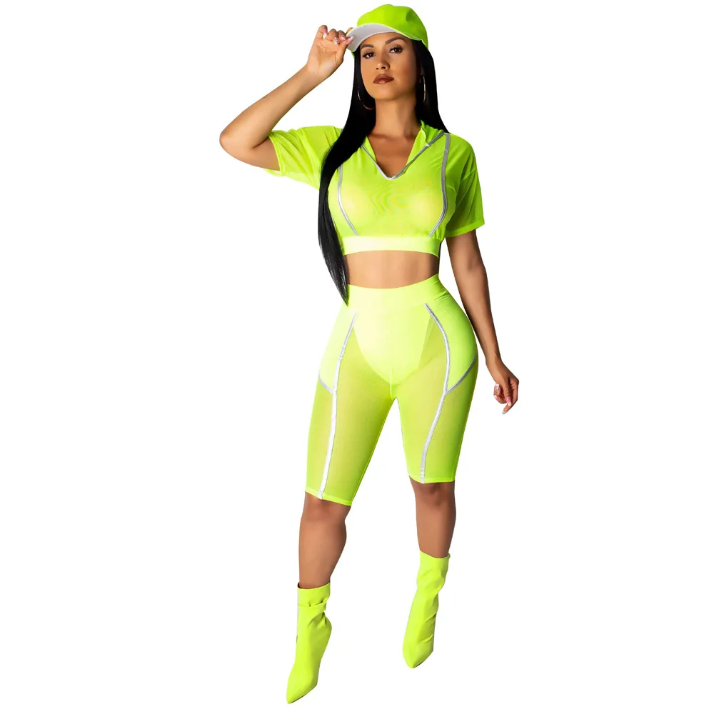 

Hoodie top reflective shorts 2 piece set mesh summer women fashion neon green casual tracksuit sets Y11798