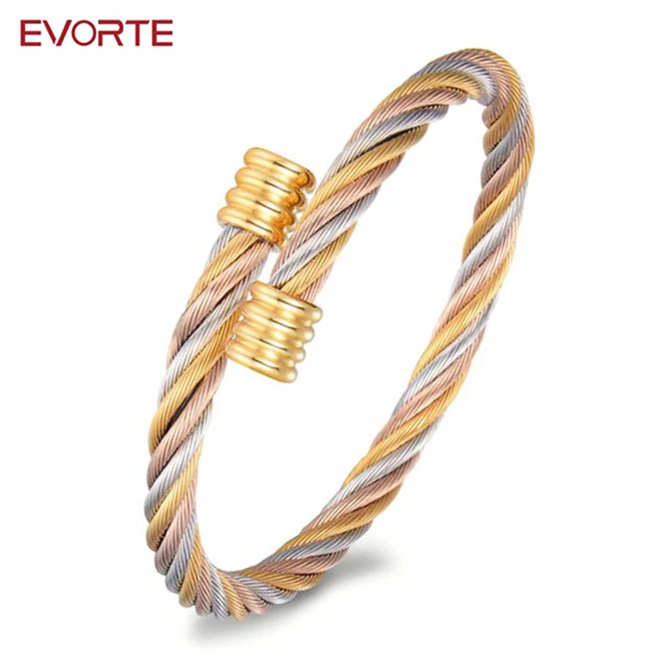 

New Design Stainless Steel Jewelry Twisted Cable Wire Bracelet for Men and Women, Gold, silver