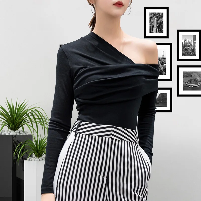 

ATTS16912 Sexy Off Shoulder Asymmetric Women's T-shirts Tops Female Slim Long Sleeve Fashion Black Tshirt Autumn