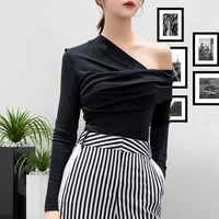 

ATTS16912 Sexy Off Shoulder Asymmetric Women's T-shirts Tops Female Slim Long Sleeve Fashion Black Tshirt Autumn