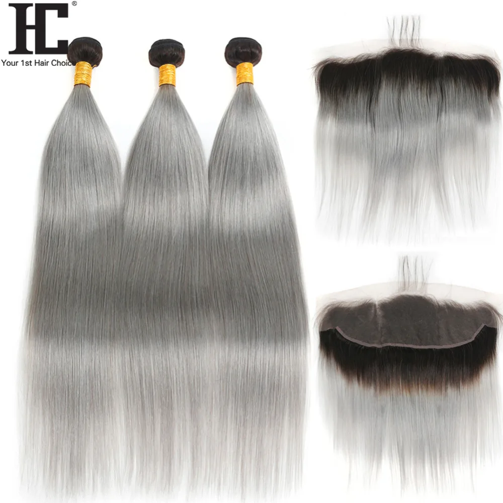 

HC Ombre Hair Bundles With Frontal 1B/Grey Dark Root Brazilian Straight 4 PCS Remy Human Hair Weave Bundles With Lace Frontal