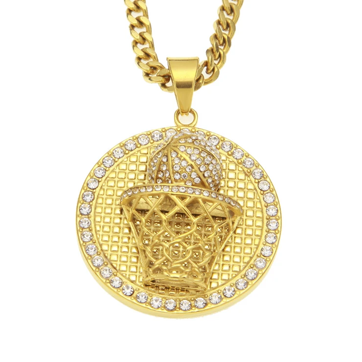 Hiphop Zinc Alloy Gold Plated Basketball Stands Medallion Pendant Necklace