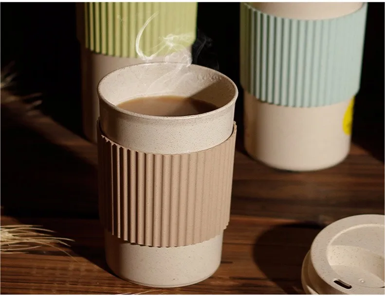 2017 新款健康小麦秸秆材料咖啡杯带盖,小麦秸秆可生物降解杯
