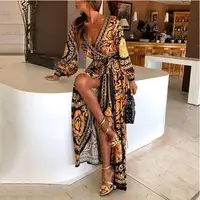 

Europe 2019 Europe US gold print women dresses sexy V-neck pullover retro long-sleeved big swing open long maxi dress