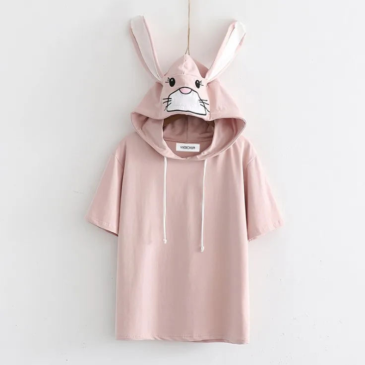 

Wholesale Custom T-shirt With Rabbit Ear Embroidery Short Sleeve Hoodie Women Free Size