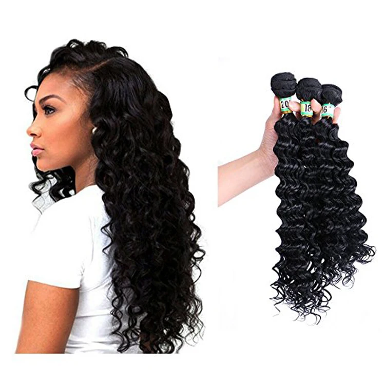 Natural Black Color 3 Bundles Synthetic Human Hair Mixed Deep Wave Hair ...