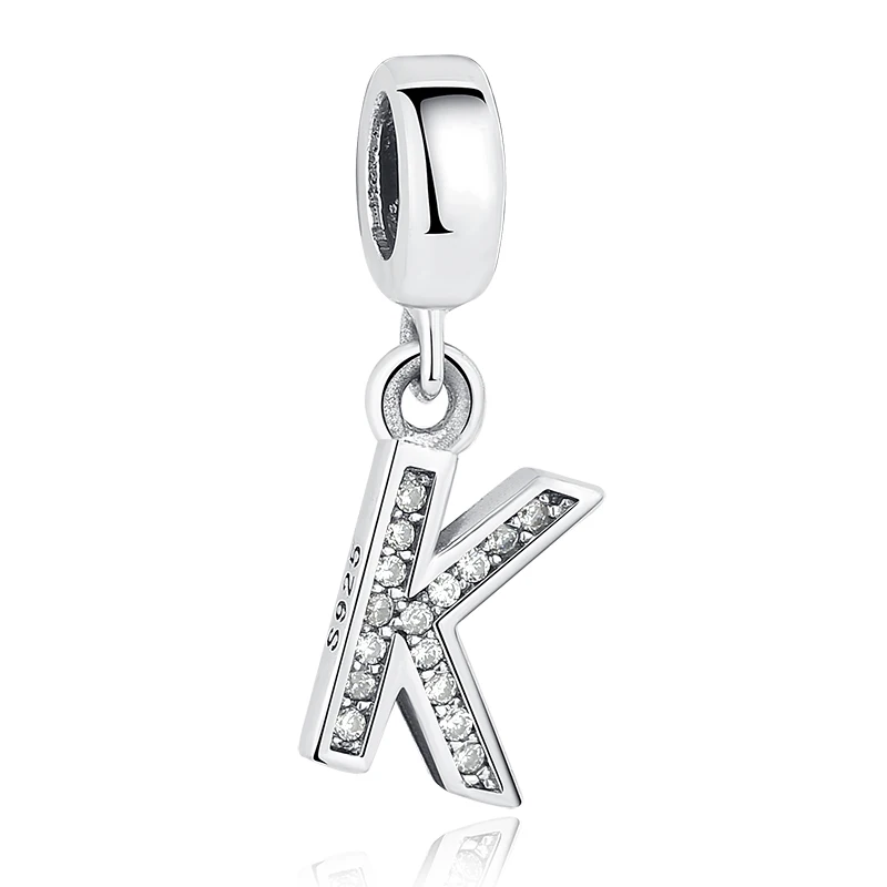 

925 Sterling Silver Pendant CZ Letter K Charm Beads For Woman Bracelets DIY Making Fine Jewelry