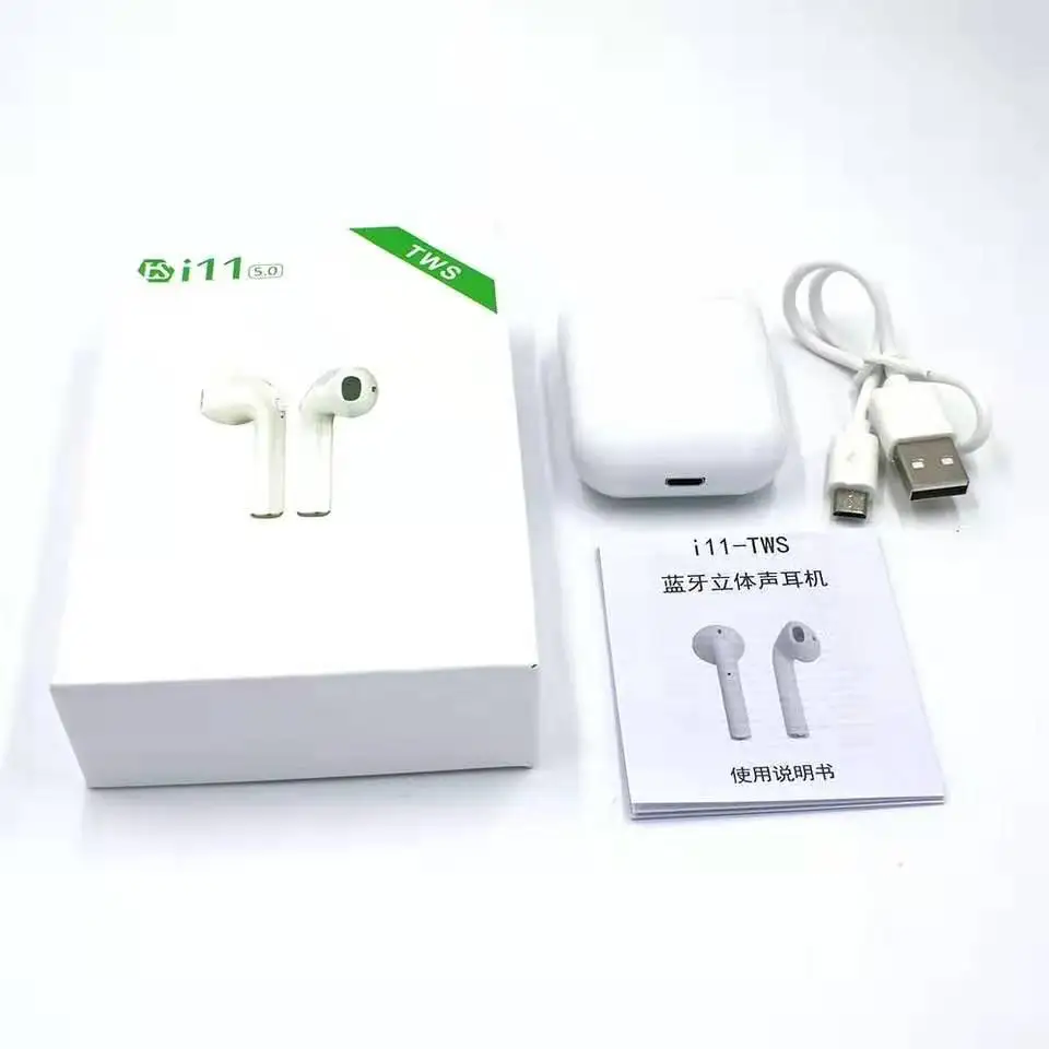 

Dual talking i11 twins wireless headphone stereo sport wireless headphone with charging box bulk wireless headphone, White