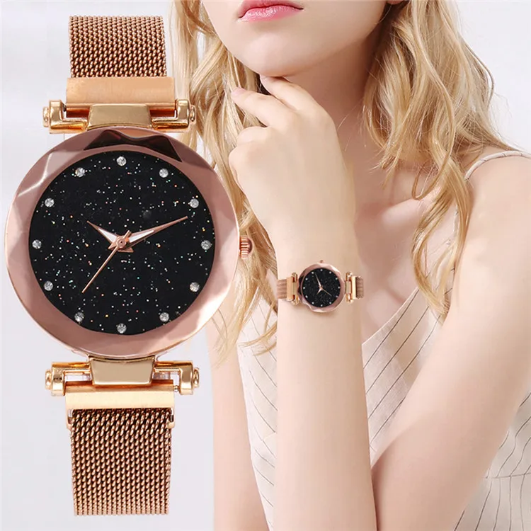 

Women Mesh Magnet magnetic Buckle star Watch Casual Luxury Women Geometric Surface Quartz Watches Relogio Feminino, N/a