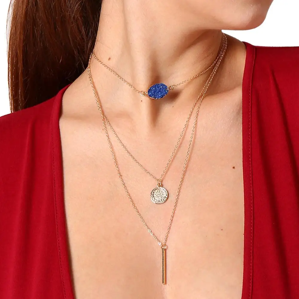 

Fashion Multi Layer Natural Resin Stone Pendant Necklace Statement Bohemian Jewelry, Red. blue , black