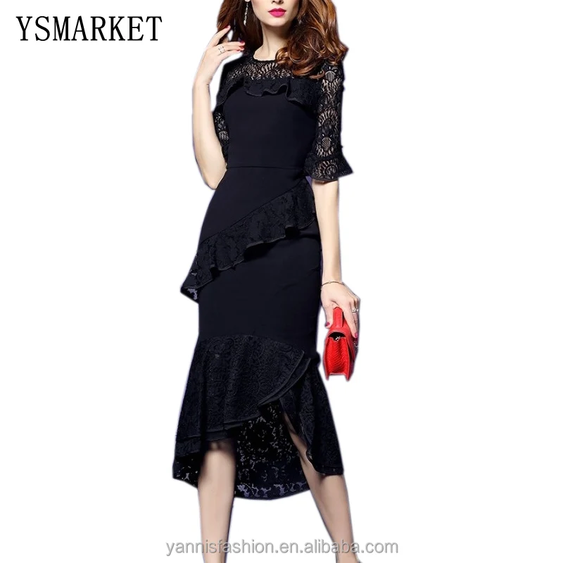 

Elegant Ladies O-neck Party Dress Women Sexy Hollow out Lace Summer Dresses Womens Flare Sleeve Irregular Midi Dress, N/a