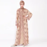 

2020 high quality Islamic clothing 3 colors floral Gold sequins luxury full length embroidery kimono long abaya with pearl belt