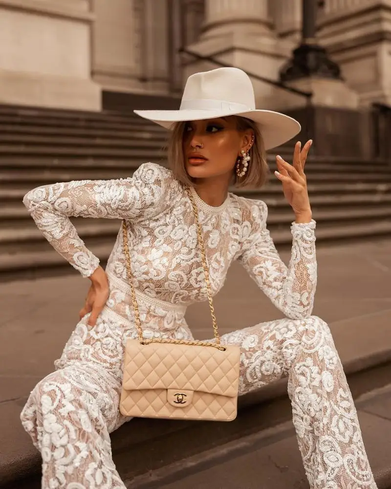 

2019 Fashion White Sexy O Neck Party Hollow Out Women Full Length Lace Wide Leg Bandage Jumpsuit With Belt