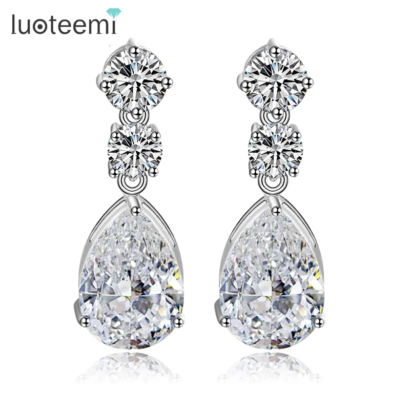 

LUOTEMMI Wholesale New Luxury Temperament White Gold Plate Clear Cubic Zircon Waterdrop Earrings Bridal for Women Brincos